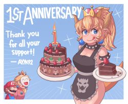 Rule 34 | 1boy, 2girls, anniversary, apron, armlet, ayyk92, birthday, birthday cake, black apron, blonde hair, blue eyes, bowser logo, bowsette, breasts, brown hair, cake, candle, cleavage, collar, commentary, crown, dress, earrings, english text, facial hair, fire, food, food on face, fruit, goomba, hat, highres, horns, jewelry, large breasts, long hair, mario, mario (series), mask, multiple girls, mustache, naked apron, new super mario bros. u deluxe, nintendo, overalls, pink dress, plate, pointy ears, princess peach, short hair, sideboob, smile, sphere earrings, spiked armlet, spiked collar, spikes, strawberry, super crown, tail, thick eyebrows, tongue, tongue out, turtle shell, v-shaped eyebrows