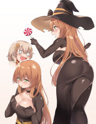 Rule 34 | 2girls, absurdres, alternate costume, ass, black dress, black gloves, black legwear, blonde hair, blush, breasts, brown hair, candy, cleavage cutout, clothing cutout, collarbone, commentary request, dress, fnc (candy thief) (girls&#039; frontline), fnc (girls&#039; frontline), food, from above, from behind, girls&#039; frontline, gloves, green eyes, hair between eyes, hat, highres, large breasts, leaning forward, lips, long dress, long hair, looking at another, looking down, multiple girls, official alternate costume, open mouth, pout, shiny clothes, shiny skin, sidelocks, simple background, spicy moo, springfield (classic witch) (girls&#039; frontline), springfield (girls&#039; frontline), white background, witch, witch hat