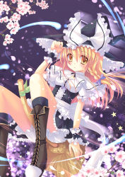 Rule 34 | 1girl, bad id, bad pixiv id, blonde hair, bloomers, boots, bow, braid, broom, broom riding, brown eyes, capelet, cherry blossoms, cross-laced footwear, female focus, flower, frills, hair bow, hand on headwear, hat, kirisame marisa, lace-up boots, long hair, nail polish, single braid, solo, sousouman, star (symbol), touhou, underwear, witch, witch hat, wrist cuffs