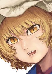 Rule 34 | 1girl, :d, absurdres, blonde hair, chanta (ayatakaoisii), close-up, hat, highres, looking at viewer, open mouth, portrait, short hair, simple background, slit pupils, smile, solo, touhou, white background, yakumo ran, yellow eyes