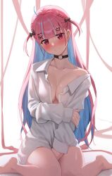 Rule 34 | 1girl, ahoge, bare legs, barefoot, between thighs, black bow, black choker, blue hair, blush, bow, braid, breasts, cat choker, cat hair ornament, choker, cleavage, closed mouth, collarbone, collared shirt, colored inner hair, dyed ahoge, feet, gomashiwo o, hair bow, hair down, hair ornament, hairclip, hand on own arm, hand on own thigh, head tilt, highres, hololive, large breasts, legs, light blue hair, long hair, long sleeves, looking at viewer, minato aqua, multicolored hair, naked shirt, off shoulder, open clothes, open shirt, pink eyes, pink hair, red ribbon, ribbon, shirt, sitting, sleeves past wrists, solo, streaked hair, thighs, two-tone hair, two side up, virtual youtuber, wariza, white background, white shirt, x hair ornament