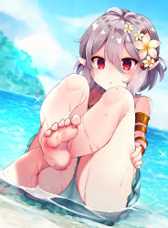 Rule 34 | 1girl, ass, bare legs, bare shoulders, barefoot, blurry, blurry background, blush, commentary request, day, depth of field, dutch angle, ebihara beniko, feet, flower, green one-piece swimsuit, grey hair, hair between eyes, hair flower, hair ornament, highres, horizon, knees up, kokkoro (princess connect!), kokkoro (summer) (princess connect!), legs, looking at viewer, ocean, one-piece swimsuit, outdoors, parted lips, pink flower, pointy ears, princess connect!, red eyes, sitting, soles, solo, swimsuit, water, wet, white flower