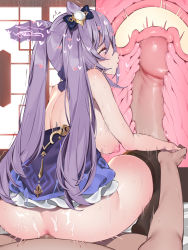 Rule 34 | 1boy, 1girl, ahegao, ass, black thighhighs, breasts, censored, clothed female nude male, cone hair bun, cross-section, cum, cum on body, double bun, dress, from behind, genshin impact, girl on top, hair bun, hair ornament, heart, hetero, highres, keqing (genshin impact), large breasts, long hair, mosaic censoring, motion lines, nipples, no bra, no panties, nude, penis, pink eyes, purple hair, reverse amazon position, reverse cowgirl position, sex, sex from behind, solo focus, straddling, sweat, thighhighs, twintails, vaginal, waterring, x-ray