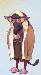 Rule 34 | 1girl, bad id, bad pixiv id, blue background, breath, coat, cold, colored skin, cup, earmuffs, ears down, furry, furry female, grey scarf, holding, holding cup, idkuroi, jitome, mittens, noire kooshe, orange eyes, original, purple fur, purple hair, purple skin, scarf, shorts, simple background, slippers, solo, steam, tail, trembling, wide-eyed, winter clothes
