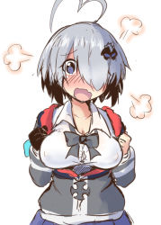 Rule 34 | 1girl, :o, ahoge, asymmetrical bangs, ayame riyo, blue eyes, blue skirt, blush, bombergirl, bow, bowtie, breasts, collarbone, collared shirt, covered erect nipples, full-face blush, gray (bombergirl), grey bow, grey bowtie, grey jacket, hair ornament, hair over one eye, hands up, jacket, large breasts, looking at viewer, medium hair, open clothes, open jacket, raised eyebrows, shirt, silver hair, simple background, skirt, solo, steam, upper body, wavy mouth, white background