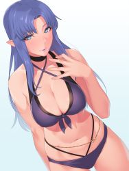 Rule 34 | 1girl, bikini, blue eyes, blue hair, blush, breasts, cleavage, collarbone, fate/stay night, fate (series), highres, hikichi sakuya, large breasts, lipstick, long hair, looking at viewer, makeup, medea (fate), navel, pointy ears, purple lips, solo, swimsuit