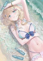 Rule 34 | 1girl, aizawa ema, arm over head, bangle, beach, bikini, blonde hair, blunt bangs, blush, bottle, bow, bow bikini, bracelet, breasts, breasts apart, cat hair ornament, choker, commentary, flower, frilled bikini, frilled choker, frills, green bikini, green eyes, hair flower, hair ornament, hairclip, highleg, highleg bikini, highres, holding, holding bottle, jewelry, large breasts, linea alba, long hair, lying, nakashima (pluscolor), navel, ocean, on back, ramune, sidelocks, solo, stomach, swimsuit, virtual youtuber, vspo!, waves, white bikini, white choker