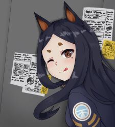 Rule 34 | 1girl, :q, animal ears, arknights, black hair, brown eyes, commentary, dobermann (arknights), dog ears, dog girl, english commentary, from side, highres, long sleeves, looking at viewer, mole, mole under eye, one eye closed, paper, parted bangs, short eyebrows, shura (shura cs), smile, solo, thick eyebrows, tongue, tongue out, uniform, upper body