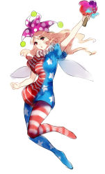 Rule 34 | 1girl, :o, alternate breast size, american flag, american flag dress, american flag legwear, asymmetrical legwear, blonde hair, blue pantyhose, clownpiece, fairy wings, full body, hat, hug (artist), hug (yourhug), jester cap, long hair, open mouth, pantyhose, red eyes, red pantyhose, simple background, solo, star (symbol), star print, striped clothes, striped pantyhose, touhou, uneven legwear, white background, wings