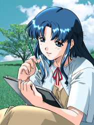 Rule 34 | 1girl, blue eyes, blue hair, day, drawing, fujiwara aya, holding, long hair, notebook, official art, open mouth, outdoors, photo background, short sleeves, solo, super real mahjong