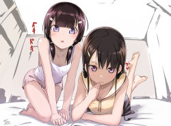 Rule 34 | 2girls, absurdres, all fours, bare shoulders, barefoot, camisole, child, feet, feet up, foreshortening, highres, indoors, looking at viewer, lying, multiple girls, on bed, on stomach, open mouth, original, purple eyes, sailor collar, short shorts, shorts, smile, smug, tagme, tank top, tea (nakenashi), white tank top