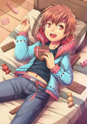 Rule 34 | 1boy, bed, candy, chocolate, condom, daikung, dildo, food, heart, jacket, male focus, pants, pillow, red hair, sex toy, smile, solo