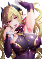 Rule 34 | 1girl, :d, armpits, blonde hair, breasts, demon girl, demon horns, detached sleeves, dress, fangs, female focus, fingernails, hand up, highres, hizuki akira, horn cover, horns, large breasts, long hair, looking at viewer, nail polish, open mouth, original, pointy ears, purple dress, red eyes, red nails, seductive smile, simple background, smile, solo, upper body, white background