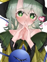 Rule 34 | 1girl, aliz wp514lov, crying, green eyes, green hair, heart, highres, jacket, komeiji koishi, long sleeves, looking at viewer, nervous, own hands together, signature, simple background, solo, touhou, white background, yellow jacket