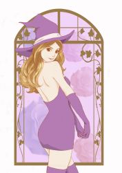 Rule 34 | 1girl, absurdres, arched back, art nouveau, back, bare back, bare shoulders, blue flower, blue rose, brown eyes, brown hair, crossed legs, deneb rove, dress, elbow gloves, female focus, floral background, flower, from side, gloves, grin, hat, highres, legs, lips, lipstick, long hair, looking at viewer, looking back, love minnie mouse, makeup, microdress, over shoulder, own hands together, parted lips, pink lips, plant, purple dress, purple flower, purple gloves, purple hat, purple rose, purple thighhighs, rose, short dress, smile, solo, standing, strapless, strapless dress, tactics ogre, thighhighs, vines, white background, window, witch, witch hat, zettai ryouiki