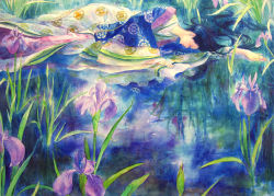 Rule 34 | 1girl, acrylic paint (medium), black hair, closed eyes, female focus, flower, japanese clothes, kimono, layered clothes, layered kimono, long hair, lying, nature, original, outdoors, outstretched arm, oyabin (shikouann), painting (medium), plant, reflection, solo, traditional media, water, watercolor (medium), wide sleeves