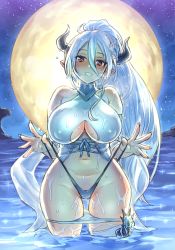 Rule 34 | 10s, 1girl, bare shoulders, bikini, bikini pull, blush, breath, bright pupils, cameltoe, cleft of venus, clothes pull, clothing cutout, covered erect nipples, cross-laced clothes, draph, fingernails, flower, frontal wedgie, full moon, granblue fantasy, hair between eyes, hair flower, hair ornament, horns, hug, izmir, izmir (summer) (granblue fantasy), long fingernails, long hair, mimonel, moon, multi-strapped bikini, navel, night, outdoors, outstretched hand, pointy ears, ponytail, red eyes, single thighhigh, smile, solo, strap lift, swimsuit, thighhighs, underboob cutout, very long hair, wading, wedgie, wet, white hair