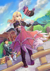 Rule 34 | 10s, 1boy, 1girl, 2012, argyle, artist name, black hair, blonde hair, boots, dated, dress, elize lutus, fence, green eyes, highres, jude mathis, purple footwear, sitting, standing, tales of (series), tales of xillia, teepo (tales), tree, yellow eyes, youhe, youhe qri