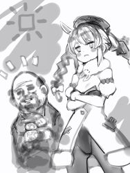 Rule 34 | 1boy, 1girl, animal ear fluff, animal ears, bad id, bad pixiv id, bare shoulders, beard, bow, braid, breasts, crossed arms, detached sleeves, don-chan (usada pekora), facial hair, greyscale, hair bow, hat, highres, hololive, jorji costava, leotard, military hat, monochrome, nanashi (nlo), notice lines, old, old man, pantyhose, papers please, parted lips, puffy detached sleeves, puffy short sleeves, puffy sleeves, rabbit-shaped pupils, rabbit ears, scarf, short sleeves, small breasts, standing, symbol-shaped pupils, twin braids, usada pekora, usada pekora (1st costume), virtual youtuber