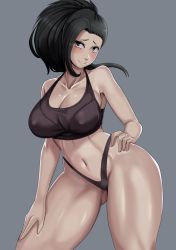 Rule 34 | 1girl, asymmetrical hair, bare arms, bare shoulders, black hair, blush, boku no hero academia, breasts, brown eyes, closed mouth, collarbone, covered erect nipples, cowboy shot, grey background, hand on own hip, highleg, highres, large breasts, navel, nico-mo, ponytail, shiny skin, simple background, smile, solo, sports bra, thick thighs, thighs, underwear, underwear only, yaoyorozu momo