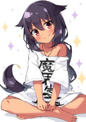 Rule 34 | 1girl, bare shoulders, barefoot, beritabo, black hair, blush, brown eyes, closed mouth, clothes writing, collarbone, commentary request, crossed ankles, dark-skinned female, dark skin, fang, fang out, hair between eyes, hair flaps, head tilt, highres, jahy, jahy-sama wa kujikenai!, long hair, off shoulder, shadow, shirt, short sleeves, smile, solo, sparkle, tail, very long hair, white background, white shirt, wide sleeves