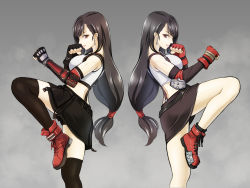 Rule 34 | arm guards, black gloves, black hair, black skirt, brown eyes, crop top, dual persona, earrings, elbow gloves, fighting stance, final fantasy, final fantasy vii, final fantasy vii remake, fingerless gloves, from side, gloves, grey background, highres, ivuki, jewelry, leg up, long hair, looking at viewer, low-tied long hair, red footwear, red gloves, shorts, shorts under skirt, skirt, sleeveless, smile, square enix, suspenders, thighhighs, tifa lockhart