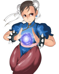 Rule 34 | 1girl, bracelet, brown eyes, brown hair, bun cover, capcom, chun-li, double bun, female focus, hair bun, jewelry, mawarimiti, pantyhose, pelvic curtain, pink eyes, solo, spiked bracelet, spikes, street fighter