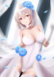 Rule 34 | 1girl, absurdres, azur lane, bad id, bad pixiv id, bare shoulders, blue flower, blue rose, blush, breasts, choker, cleavage, collarbone, commentary request, dress, dress flower, flower, gloves, hair between eyes, hair flower, hair ornament, head tilt, highres, large breasts, looking at viewer, petals, red eyes, rose, short hair, silver hair, sirius (azur lane), sleeveless, sleeveless dress, smile, solo, strapless, strapless dress, thighhighs, ushi uta, wedding dress, white choker, white dress, white gloves, white thighhighs