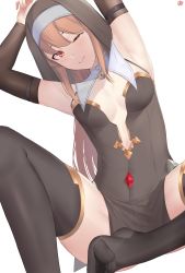 Rule 34 | 1girl, absurdres, armpits, arms up, black dress, black thighhighs, blush, breasts, brown hair, character request, cleavage, commentary, convenient leg, copyright request, detached sleeves, dress, english commentary, foot out of frame, gold trim, habit, highres, jewelry, long hair, looking at viewer, medium breasts, necklace, no shoes, nun, one eye closed, pelvic curtain, red eyes, short dress, side slit, sidelocks, signature, simple background, sitting, skin tight, sleeveless, solo, spread legs, thighhighs, thighs, toes, veil, w4pz, white background