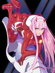 Rule 34 | 1girl, all fours, aqua eyes, ass, bodysuit, breasts, closed mouth, darling in the franxx, hairband, horns, kajin (kajinman), lips, long hair, looking at viewer, medium breasts, oni horns, pink hair, red bodysuit, red horns, shiny clothes, shiny skin, smile, solo, wedge heels, white hairband, zero two (darling in the franxx)