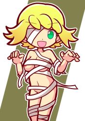 Rule 34 | 1girl, amitie (puyopuyo), areola slip, blonde hair, breasts, convenient censoring, furii, green eyes, highres, medium breasts, mummy costume, navel, nude, open mouth, puyopuyo, puyopuyo fever, sega, solo, standing