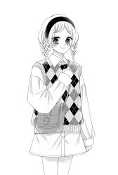 Rule 34 | 1girl, amano akari (leo to mikazuki), argyle, argyle clothes, argyle sweater vest, bag, blush, braid, buttons, closed mouth, collared shirt, commentary request, cowboy shot, dated commentary, dot nose, earrings, eyelashes, greyscale, hairband, hand on own chest, highres, jewelry, kinoshita honoka, leo to mikazuki, long sleeves, looking to the side, medium hair, monochrome, shirt, shoulder bag, simple background, sleeves past wrists, smile, solo, star (symbol), star earrings, sweater vest, twin braids, unmoving pattern