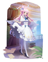 Rule 34 | 1girl, angel wings, black footwear, blue archive, blush, book, bookshelf, capelet, closed mouth, dress, feathered wings, flower, frilled dress, frills, full body, hair bun, hair flower, hair ornament, halo, high heels, highres, index finger raised, long hair, looking at viewer, mika (blue archive), mongguri, pantyhose, pink hair, pink halo, purple flower, single side bun, smile, solo, white capelet, white dress, white pantyhose, white wings, wings, yellow eyes