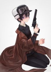 Rule 34 | 1girl, androgynous, belt, belt buckle, black hair, black jacket, black pants, blue eyes, bright pupils, buckle, coat, collared shirt, commentary, fur hat, goggles, goggles on headwear, grey background, gun, hair between eyes, handgun, hat, highres, holding, holding weapon, jacket, kaneni, kino (kino no tabi), kino no tabi, long sleeves, looking at viewer, looking to the side, nose, oversized clothes, pants, reverse trap, revolver, shirt, short hair, simple background, sitting, solo, trench coat, weapon, white pupils, white shirt, yokozuwari