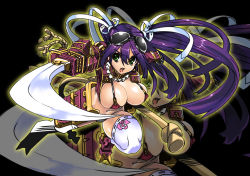 Rule 34 | 1girl, armor, breasts, cleavage, fujimon, goggles, goggles on head, green eyes, huge breasts, katana, large breasts, long hair, open mouth, purple hair, solo, sword, thighhighs, twintails, warrior, weapon, zoom layer
