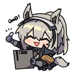 Rule 34 | 1girl, :d, ^ ^, animal ear fluff, animal ears, arknights, armband, black jacket, blush, closed eyes, commentary, cropped torso, english commentary, english text, facing viewer, gloves, grani (arknights), grey gloves, hair between eyes, holding, jacket, kyou 039, long hair, open mouth, ponytail, simple background, smile, solo, tail, thumbs up, upper body, white background