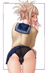 Rule 34 | 1girl, artist name, ass, black panties, blonde hair, blue skirt, boku no hero academia, bulge, cardigan, covered testicles, cowboy shot, from behind, futanari, highres, holding, holding knife, knife, long sleeves, looking at viewer, messy hair, open mouth, panties, pleated skirt, seraziel, skirt, solo, teeth, testicles, toga himiko, underwear, white background, yellow cardigan, yellow eyes