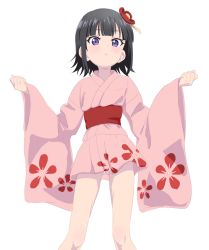 Rule 34 | 1girl, black hair, blush, closed mouth, commentary request, floral print, flower, hair flower, hair ornament, hands up, japanese clothes, kiitarou shounen no youkai enikki, kimono, long sleeves, looking at viewer, obi, pinching sleeves, pink kimono, print kimono, purple eyes, red flower, sash, short kimono, simple background, sincos, solo, standing, suzu (kiitarou), white background, wide sleeves