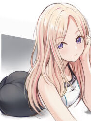 1girl ass black_leggings blonde_hair blush collarbone gakuen_idolmaster idolmaster juo_sena leggings long_hair looking_at_viewer multicolored_hair nannacy7 pink_hair purple_eyes smile solo sports_bra streaked_hair two-tone_hair very_long_hair white_sports_bra