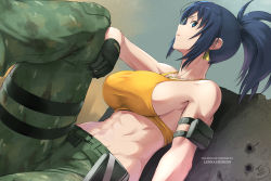 Rule 34 | 1girl, 7974game, abs, armlet, blue eyes, blue hair, breasts, camouflage, camouflage pants, character name, earrings, gloves, hand on own knee, highres, jewelry, leona heidern, midriff, muscular, muscular female, pants, ponytail, sideboob, signature, sitting, solo, tank top, the king of fighters, the king of fighters xiv, the king of fighters xv, triangle earrings, yellow tank top