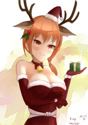 Rule 34 | 1girl, antlers, bare shoulders, bell, breasts, christmas, cleavage, fire emblem, fire emblem: three houses, gift, gloves, holding, horns, large breasts, leonie pinelli, looking at viewer, nintendo, orange eyes, orange hair, ponytail, ryuusaki rei, santa costume, smile, solo, upper body
