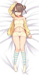 Rule 34 | 1girl, absurdres, aqua eyes, arm up, armpits, bare shoulders, bed sheet, blue bow, bow, boyshort panties, braid, brown hair, camisole, collarbone, commentary request, crop top, dakimakura (medium), double bun, drawstring, frills, full body, gluteal fold, groin, hair bow, hair bun, hair ornament, hair over one eye, hair scrunchie, highres, iriam, jacket, kneehighs, long sleeves, looking at viewer, lying, midriff, navel, no shoes, off shoulder, on back, open clothes, open jacket, rinyou (iriam), scrunchie, shidaidaka, shirt, short hair, short shorts, shorts, sleeveless, sleeveless shirt, socks, solo, striped clothes, striped socks, thighs, twin braids, virtual youtuber, yellow bow, yellow jacket, yellow shirt, yellow shorts