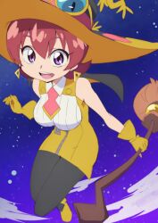 Rule 34 | 1girl, bare shoulders, black pantyhose, breasts, broom, dress, earrings, feylin, floating, full body, gloves, hat, holding, holding broom, jewelry, looking at viewer, medium breasts, necktie, night, night sky, oimanji, pantyhose, purple eyes, red hair, short hair, sky, sleeveless, sleeveless dress, solo, tanken driland, tanken driland:1000-nen no mahou, witch, witch hat, yellow dress, yellow gloves, zipper
