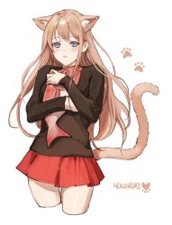 Rule 34 | 1girl, animal, animal ears, animal hug, black sweater, blush, brown hair, cat ears, cat girl, cat tail, commentary request, copyright request, cowboy shot, cropped legs, fish, frown, green eyes, heart, hug, long hair, looking at viewer, miniskirt, original, paw print, red skirt, shiny skin, simple background, skirt, solo, sweater, tail, tanu0706, white background