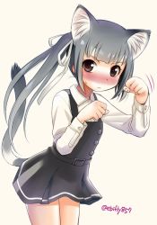 Rule 34 | animal ears, belt, black dress, blunt bangs, blush, cat ears, cat tail, character request, closed mouth, collared shirt, dress, ebifly, embarrassed, grey background, grey hair, hands up, headband, kantai collection, kasumi (kancolle), kasumi kai ni (kancolle), kemonomimi mode, leaning forward, long hair, looking at viewer, nose blush, one side up, paw pose, pinafore dress, shirt, short dress, simple background, sleeveless dress, solo, sweat, tail, tail raised, twitter username, white shirt, wing collar