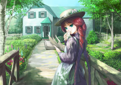 Rule 34 | 1girl, anne of green gables, anne shirley, apron, book, braid, day, european clothes, green eyes, hat, kogaken, looking back, nippon animation, outdoors, red hair, smile, solo, twin braids, victorian, world masterpiece theater
