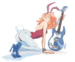 Rule 34 | 1girl, all fours, animal ears, anonymoose, arm support, ass, blue footwear, bracelet, fake animal ears, flcl, guitar, haruhara haruko, high heels, highres, instrument, jewelry, leotard, pantyhose, pink hair, playboy bunny, rabbit ears, rabbit tail, short hair, simple background, smile, solo, tail, white pantyhose