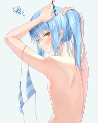 Rule 34 | 1girl, 3:, akgrn, arms up, back, bare arms, blue hair, closed mouth, commentary request, completely nude, embarrassed, eyelashes, flat chest, from behind, frown, grey background, hair between eyes, hairdressing, head tilt, highres, korean commentary, looking at viewer, looking back, nose, nude, ponytail, rimuru tempest, sidelocks, simple background, solo, squiggle, sweat, tensei shitara slime datta ken, upper body, yellow eyes