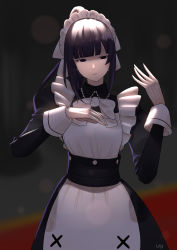 Rule 34 | 1girl, absurdres, apron, black dress, black eyes, black hair, blunt bangs, closed mouth, dress, gloves, hands up, highres, long hair, long sleeves, lrig0, maid, maid apron, maid headdress, narberal gamma, overlord (maruyama), ponytail, puffy sleeves, simple background, solo, standing, wrist cuffs