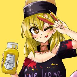 Rule 34 | 1girl, artist request, black shirt, blonde hair, breasts, closed mouth, food, food on face, hair between eyes, hecatia lapislazuli, hecatia lapislazuli (moon), highres, ise corridor, medium breasts, moon (ornament), mustard, off-shoulder shirt, off shoulder, one eye closed, sausage, shirt, solo, t-shirt, tongue, tongue out, touhou, yellow background, yellow eyes
